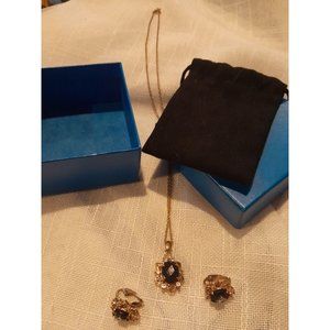 Onyx With Clear Crystal Rhinestones  And Matching Clip On Earrings Beautiful